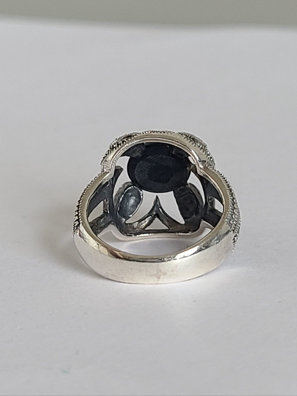 Vintage Boho Sterling Silver Black Onyx Floating Cabochon Marcasite Crystal Ring - Picture 8 of 14